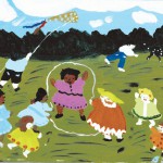 Bernice Sims folk art style painting of kids playing in a field 