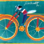 Jimmy Lee folk art style person riding large yellow bicycle painting