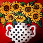 Renie Britenbucher whimsical sunflowers in black and white polka dots vase 