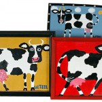 Wanda Teel folk art style cow paintings on different color backgrounds