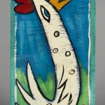 Folk art style painting of a chicken with a long neck 