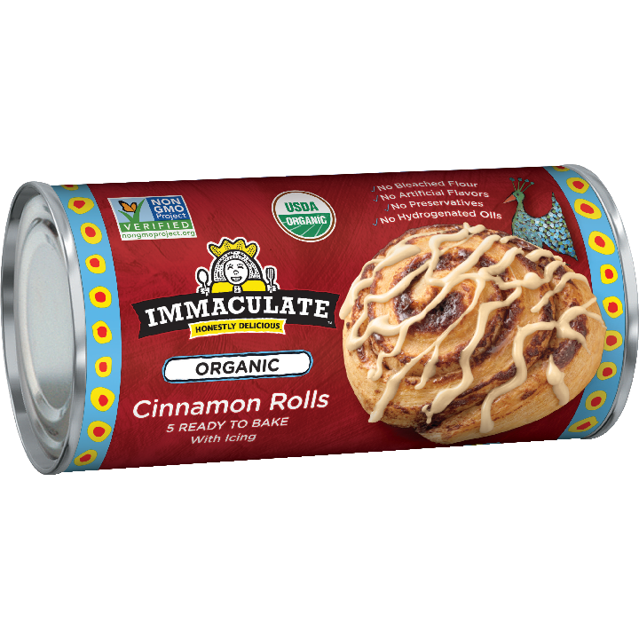 Immaculate Baking organic cinnamon rolls with Icing, front of can