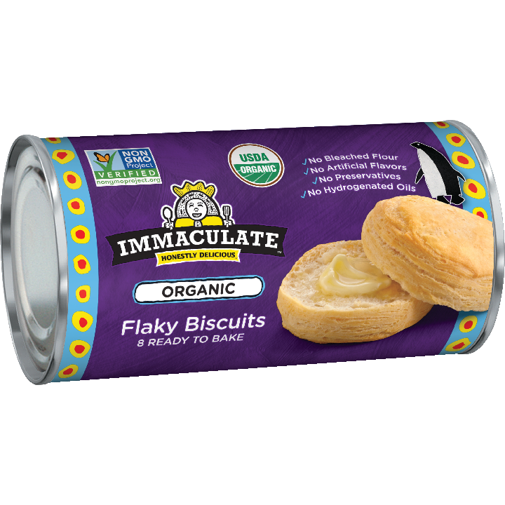 Immaculate Baking Organic flaky biscuits, front of can